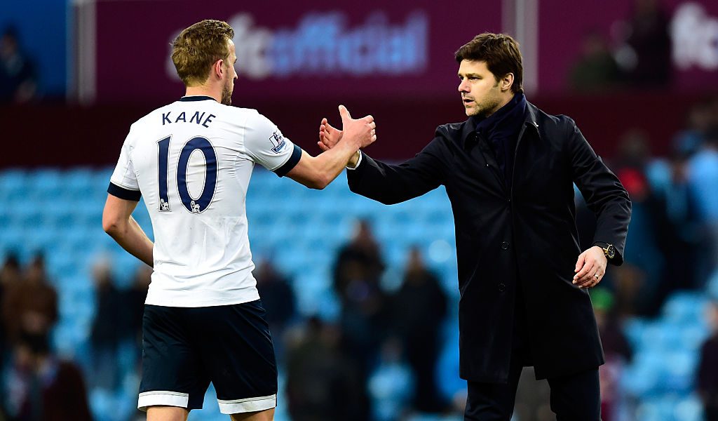 BIRMINGHAM, ENGLAND - MARCH 13:  Mauricio Pochettino manager of Tottenham Hotspur and Harry Kane of Tottenham Hotspur shake hands after victory in the Barclays Premier League match between Aston Villa and Tottenham Hotspur at Villa Park on March 13, 2016 in Birmingham, England.  (Photo by Stu Forster/Getty Images)