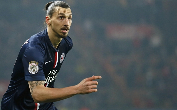 Paris St Germain's Zlatan Ibrahimovic reacts during their French Ligue 1 soccer match against Lorient at Parc des Princes Stadium in Paris, March 20, 2015.    REUTERS/Gonzalo Fuentes