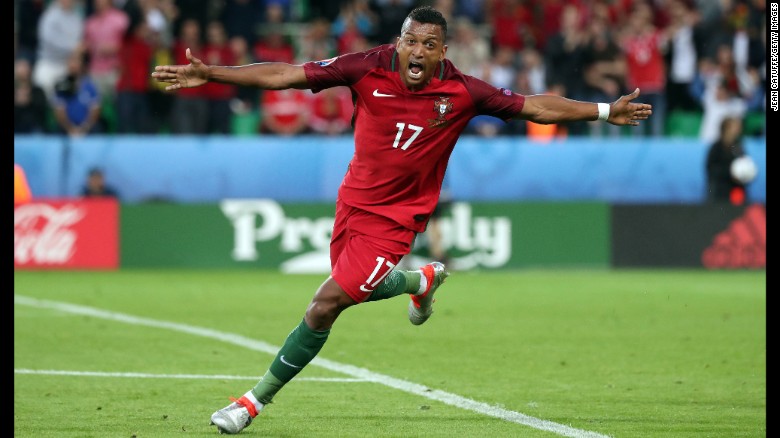 Nani celebrates goal