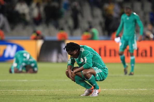 BLOEMFONTEIN, SOUTH AFRICA - JUNE 17: Dickson Etuhu of Nigeria looks dejected at the final whistle after losing to Greece during the 2010 FIFA World Cup South Africa Group B match between Greece and Nigeria at the Free State Stadium on June 17, 2010 in Mangaung/Bloemfontein, South Africa. (Photo by Martin Rose/Getty Images)