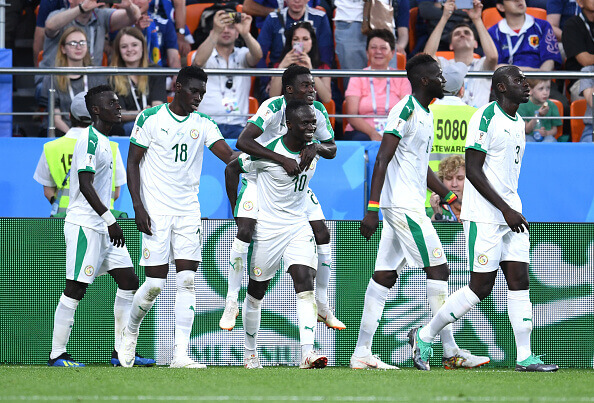 Sadio Mane and Moussa Wague celebrate 