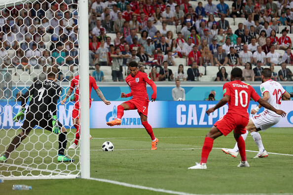 VOLGOGRAD, RUSSIA - JUNE 18:  Jesse Lingard of England shoots at target during the 2018 FIFA World Cup Russia group G match between Tunisia and England at Volgograd Arena on June 18, 2018 in Volgograd, Russia.  (Photo by Clive Rose/Getty Images)